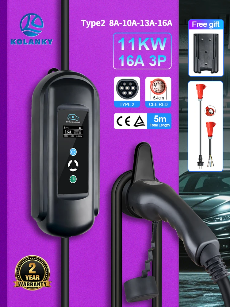 Kolanky 11KW Einstellbarer 16A 3P Typ 2 EV-Ladegerät IEC 62169-2 Timer 1-15 Stunden Speicherfunktion Ladestation Elektrofahrzeug Auto 5M