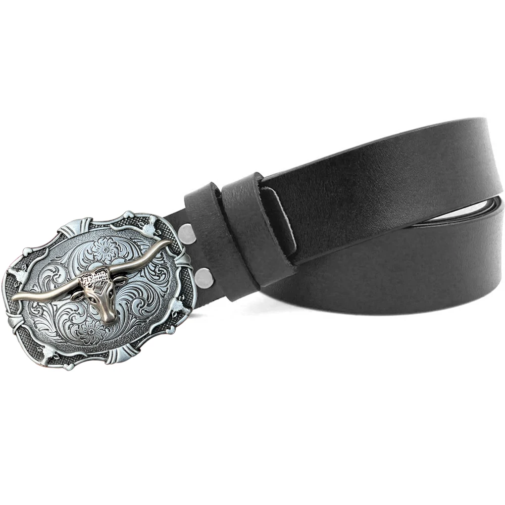 

Western Luxury Mens Belts Cowskin Leather with Cowboys OX Head Brand Design Metal Buckles