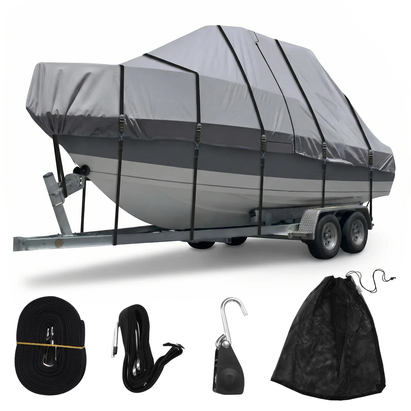 

1200D Trailerable Center Console Boats Covers with Motor Covering & Adjustable Buckle with 18 Tie Down Strap For Protecting Roof