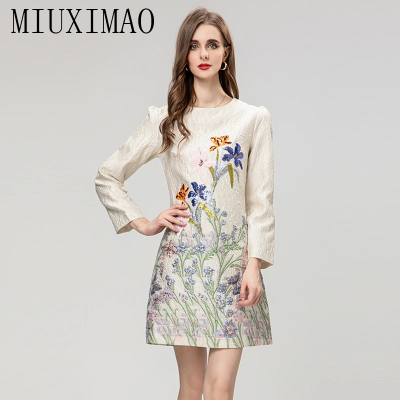 

MIUXIMAO 2023 Woman Clothing Long Sleeve Jacquard Flower Diamonds Above Knee Retro One Piece Dress women's Luxury Party Dress