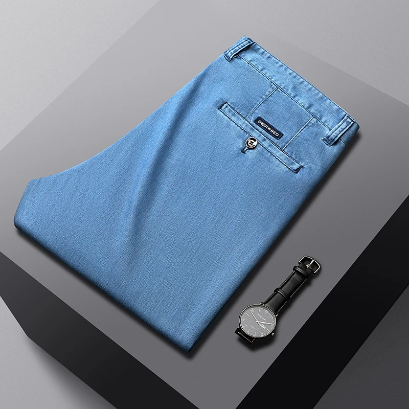 2023 Nieuwe Lente Mannen Lichtblauw Stretch Rechte Jeans Business Casual Denim Broek Modale Stof Broek Mannelijk Merk