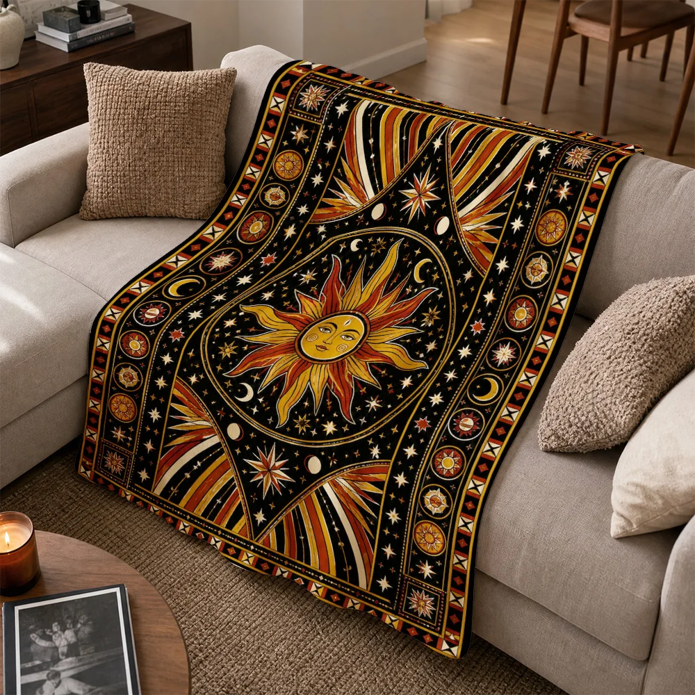 Cosmic Astrology Boho Throw Blanket Sofa Couch Decor Celestial Zodiac Sun Print Plush Winter Fleece Throw for Living Room