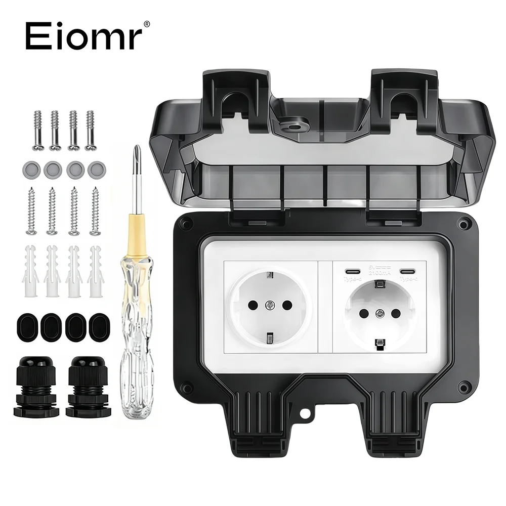 EIOMR 16A 220V IP66 wasserdichte Doppelsteckdose, schwarze Outdoor-Steckdose mit Schalter, mit Typ-C-Ladeanschluss, EU-Standardsteckdose