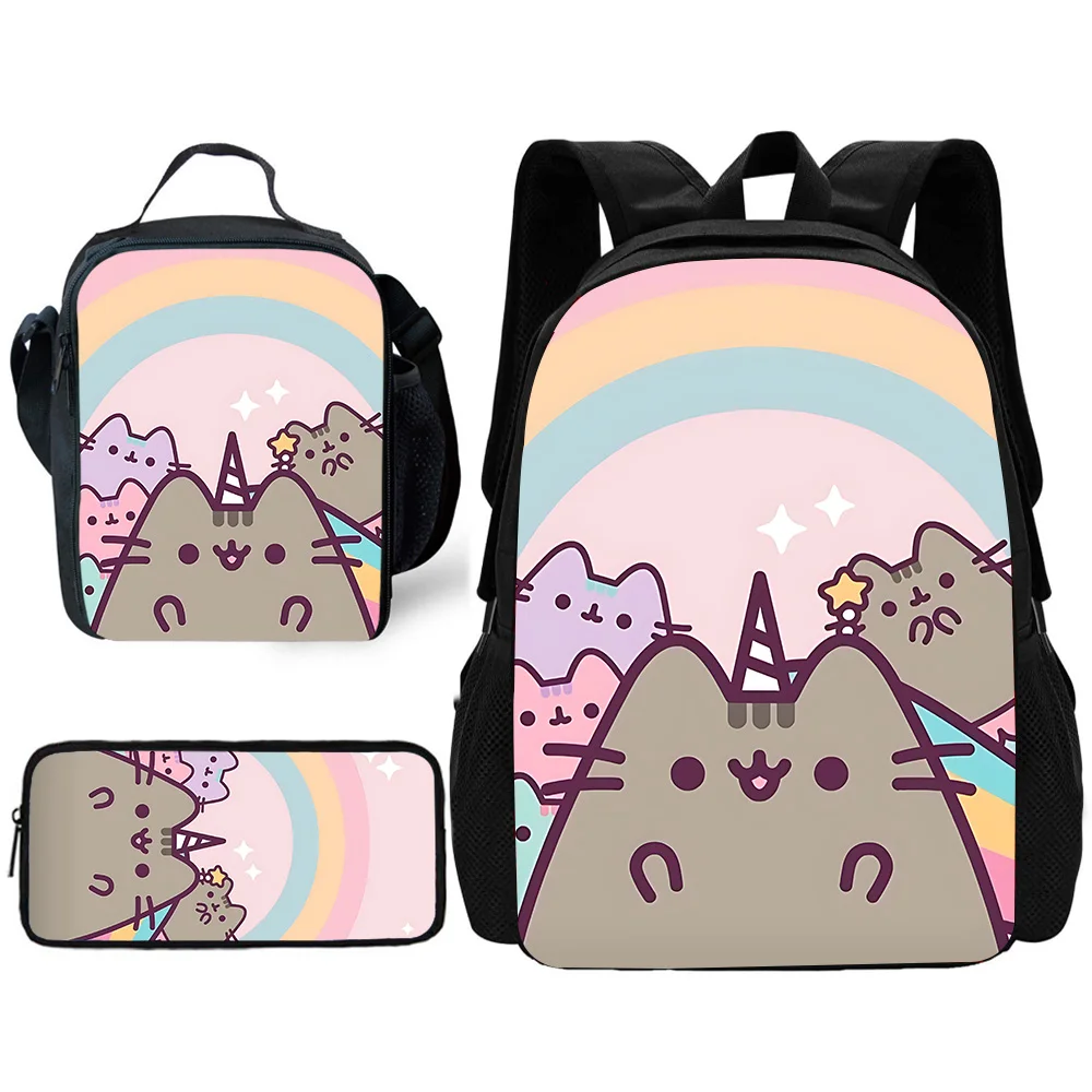 Child School Anime Kawaii Pusheens cats Backpack with Lunch Bags ,Pencil Bags ,School Bags for Boys Girls Best Gift
