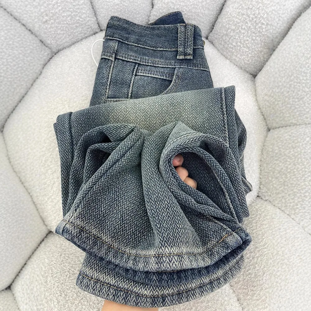 Fall Winter Plus Size Women Wide Leg Denim Pants High Waist Wheat Pattern Jeans Hip Cover Trousers for Pear Shaped Figure