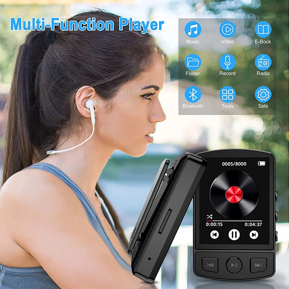 MP3 Player Portable Sport Clip Walkman HiFi Sound Bluetooth-Compatible 5.2 Student Walkman 1.8inch Screen with FM Radio E-Book