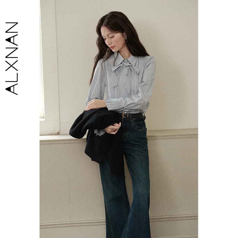

ALXNAN синяя рубашка в вертикальную полоску, женская осень 2022, элегантная офисная женская блузка с прямыми плечами и лацканами, топы с длинными рукавами L57537