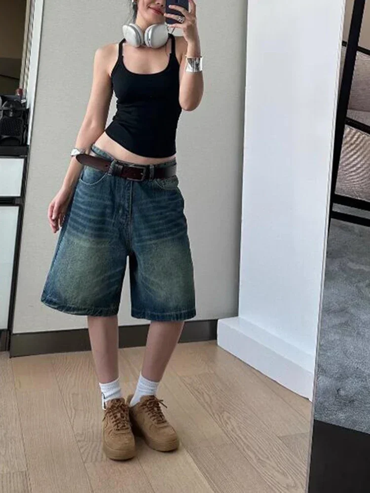 カジュアルルーズハイウエストブルーショーツ女性シックレトロ夏アメリカンデニム女性ショーツファッションストリートスリム女性ショーツ