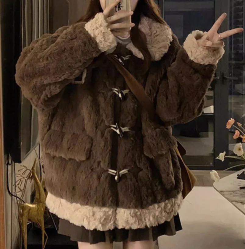 Plus Size Dames Herfst Winter Kunstmatig Lam Leeftijdverlagende Bruine Jas Mode Verdikte Lange Mouwen Vrije Tijd Geribbelde Jassen