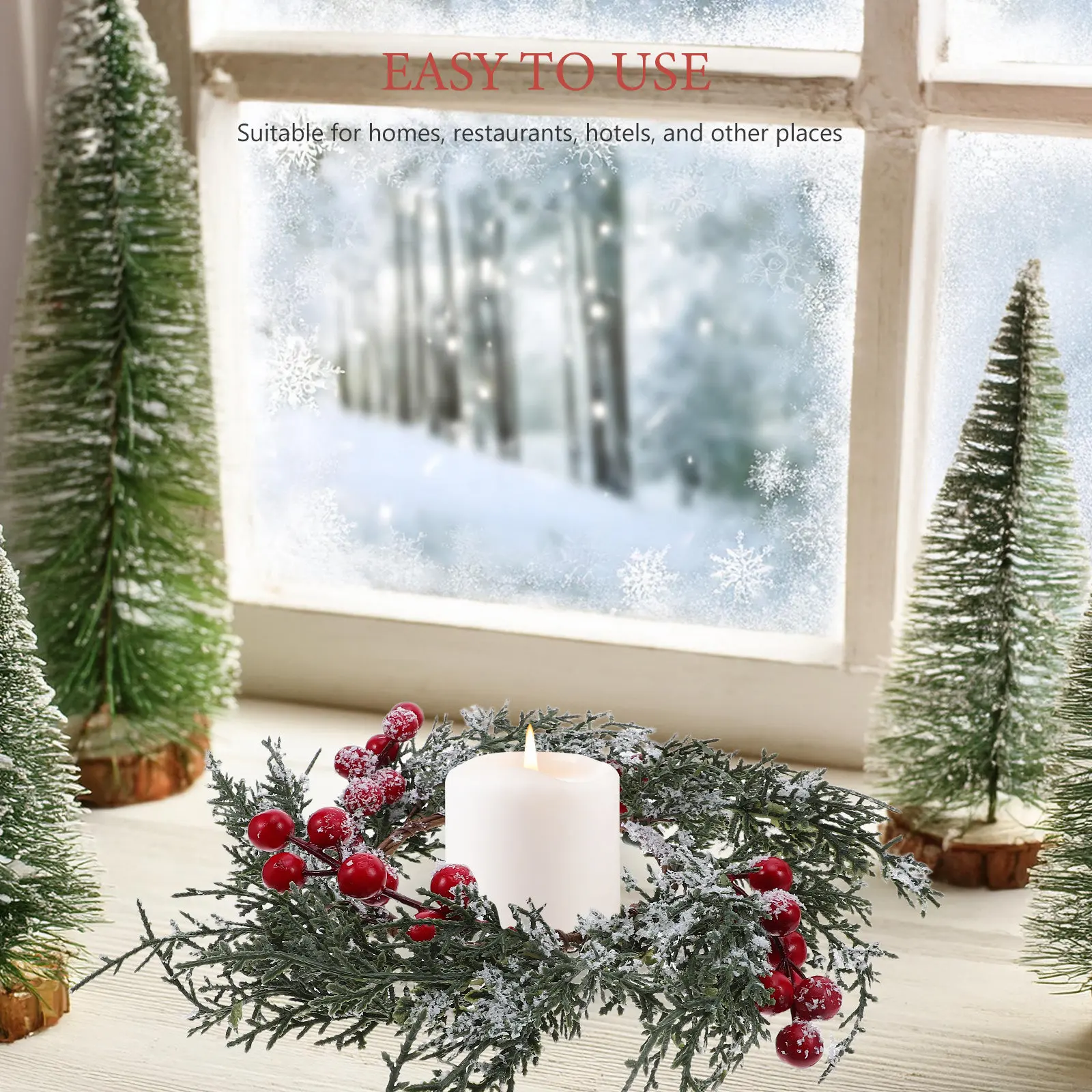 Christmas Wreath Ring Set – 3pcs Pine Needle with Red Berries, Frosted Table Centerpiece for Pillar/Taper/Tea Lights