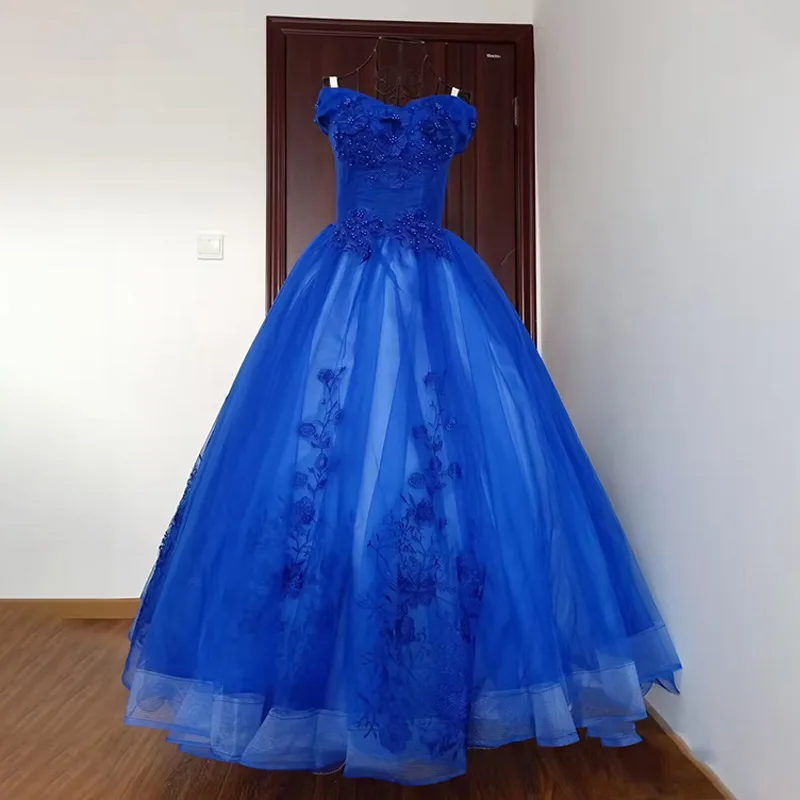 

Realy Photo Off-the-shoulder colorful tulle evening dress style prom gown, available in multiple colors and high quaity puffy