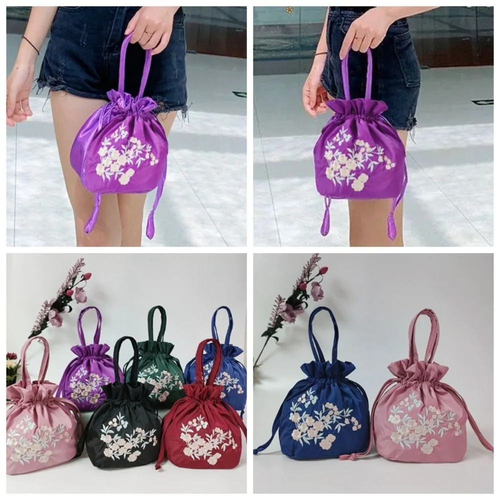 

Satin Silk Retro Drawstrings Bag Floral Ancient Style Embroidery Flower Handbag Leaf Ethnic Style Small Purse Wallet