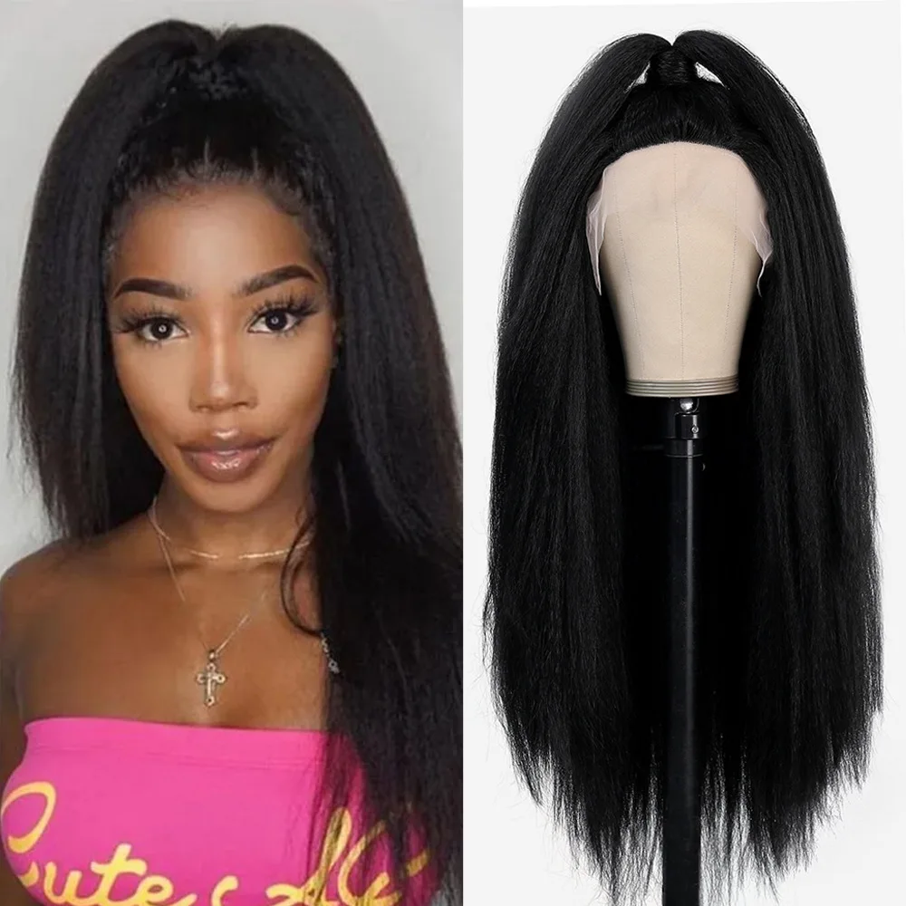 

European and American Black Curly T-shaped front lace women's yaki fluffy long party wig