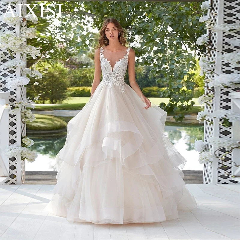 Wedding Dress Illusion O Neck A-Line Sleeveless Open Back Tulle Bride Vestido Appliques Ruched Elegant Robe de mariee