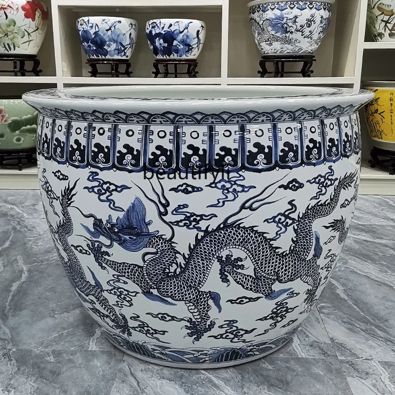 Hand Painted Blue and White Dragon Pattern Jingdezhen Ceramic Large Aquarium Lotus Garden Tree Planting Pot