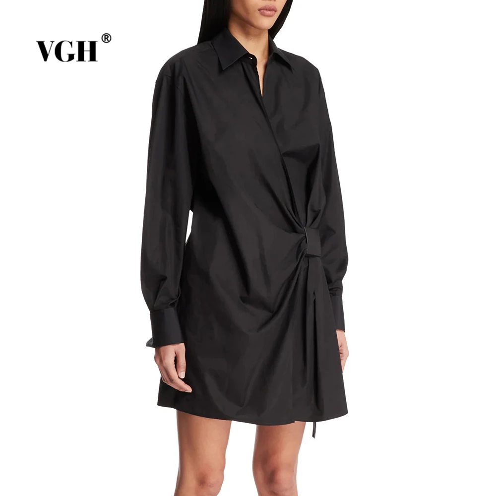 

VGH Designer Loose Solid Spliced Folds Short Dresses For Women Lapel Long Sleeve Spring Party Temperament Dress Female Fashion