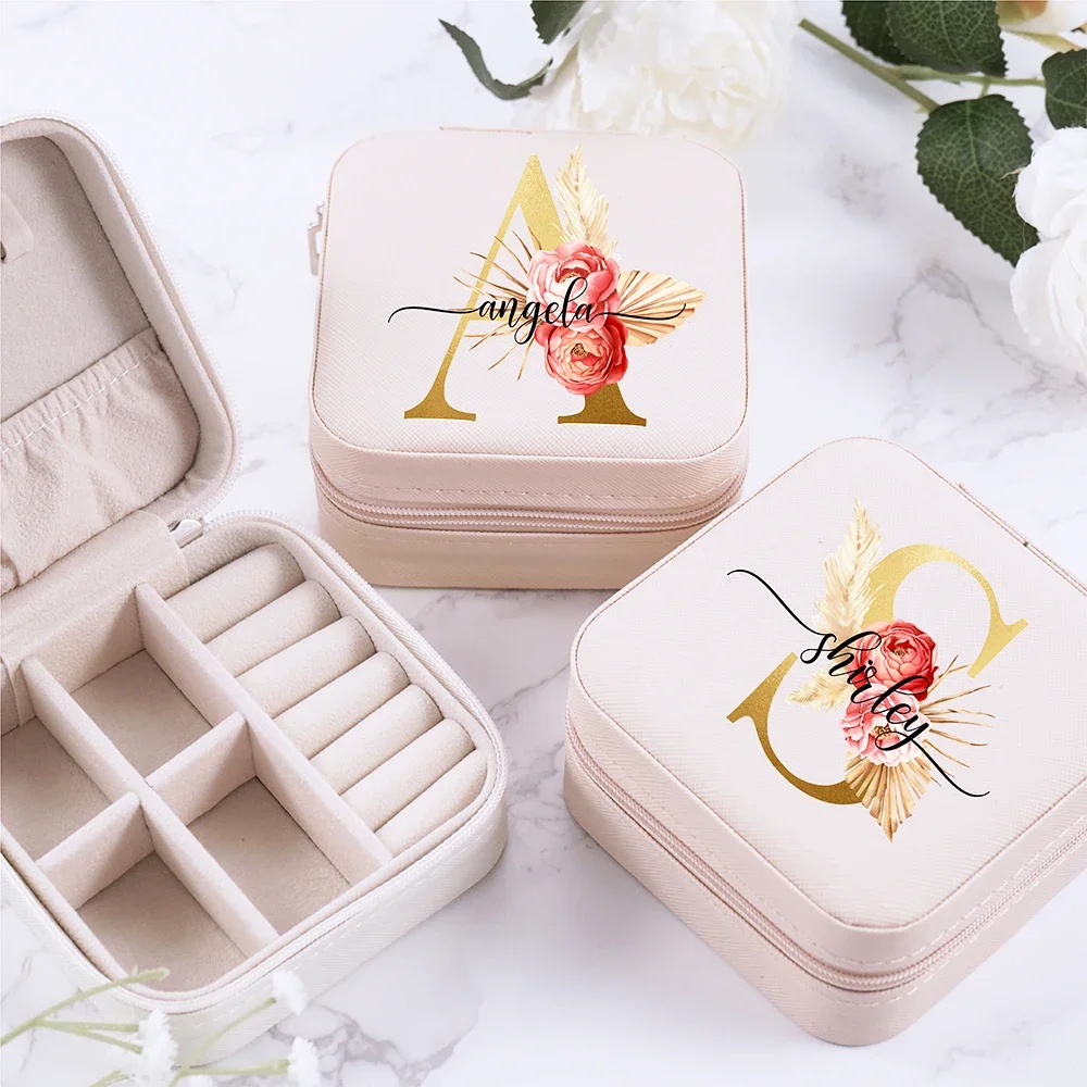 

Personalized Bridesmaid Gift Initial Letter and Name Jewelry Box Elegant Travel Jewellery Case Inside-Suede Earring Storage Box