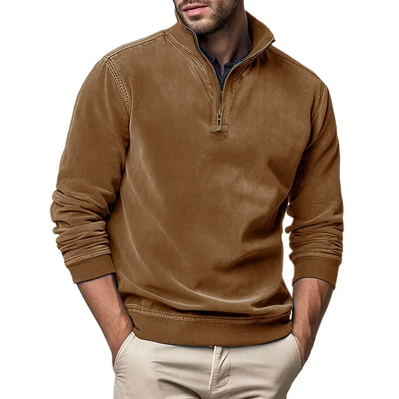 

Autumn and Winter Men's Long Sleeve Zipper Henley Collar Faux Leather Pullover Sweatshirt