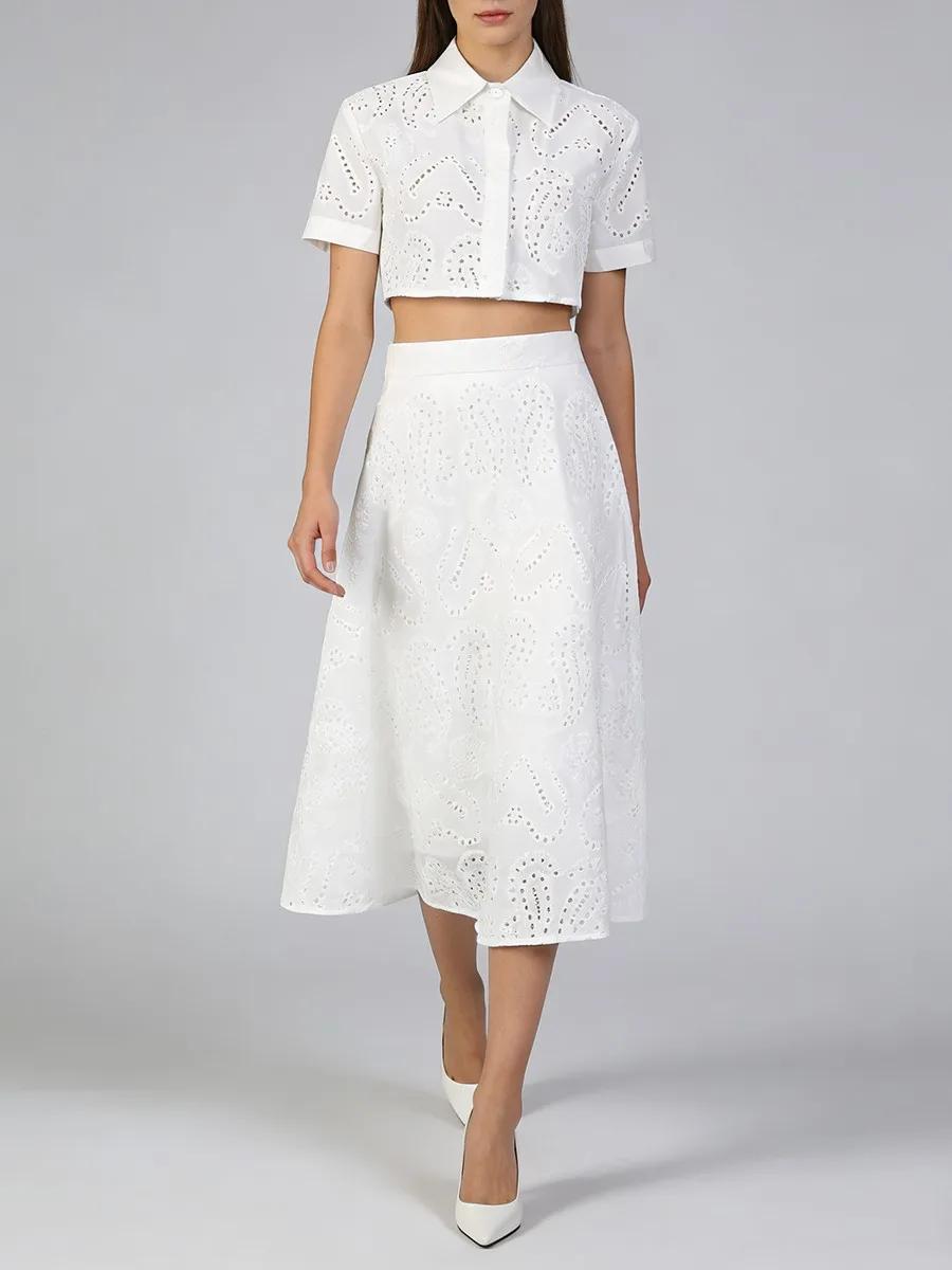 TWOTWINSTYLE, conjuntos de dos piezas lisos ahuecados para mujer, solapa, manga corta, Top, falda larga de cintura alta, conjunto minimalista para mujer, nuevo