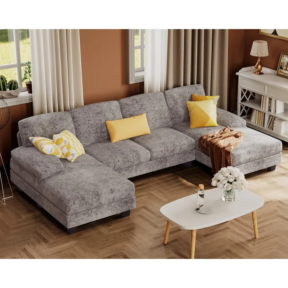 Sofa kombinowana w kształcie litery U do salonu, zestaw 4-osobowy z podwójnymi krzesłami typu queen-size, do mieszkań (tkanina, szara), bezpłatna wysyłka