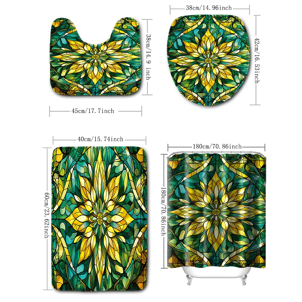 4-piece set of yellow green leaf retro printed waterproof shower curtains with 12 hooks and bathroom floor mats