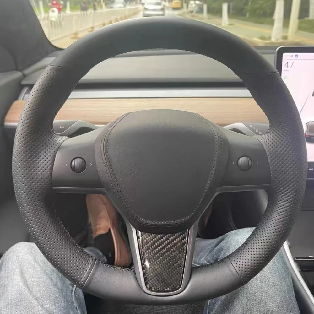 Anti-Slip Hand Stitching Black Car Steering Wheel Cover DIY Microfiber Leather For Tesla Model 3 Model Y Auto Accessories