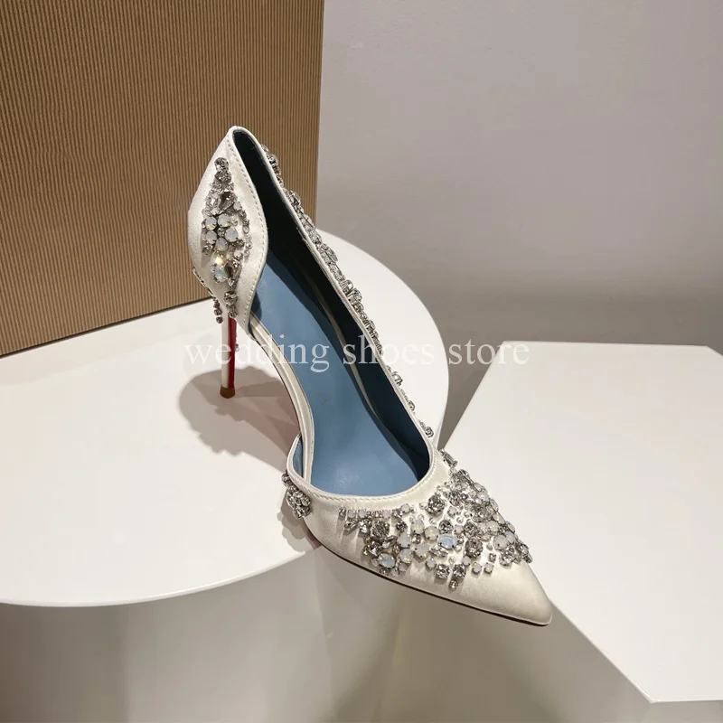 Crystal Embroidered Satin Heels Women High Heels Shallow Mouth Pointed Toe High Heels Wedding Luxury Single Shoes Women Pumps