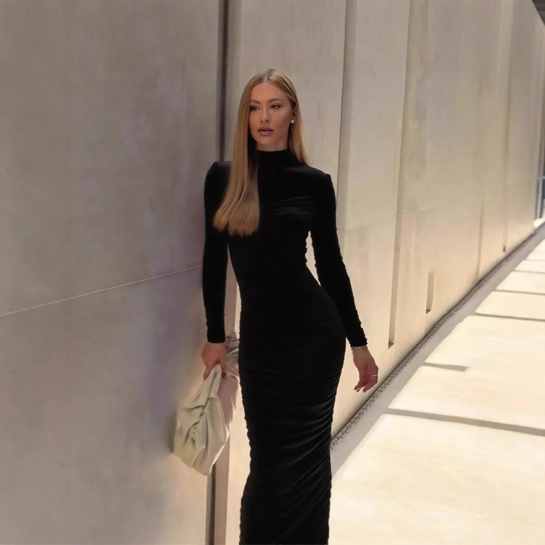 Outono estilo europeu americano gola mandarim vestido feminino elegante fino ajuste smocked cintura bodycon nicho vestidos de festa de escritório