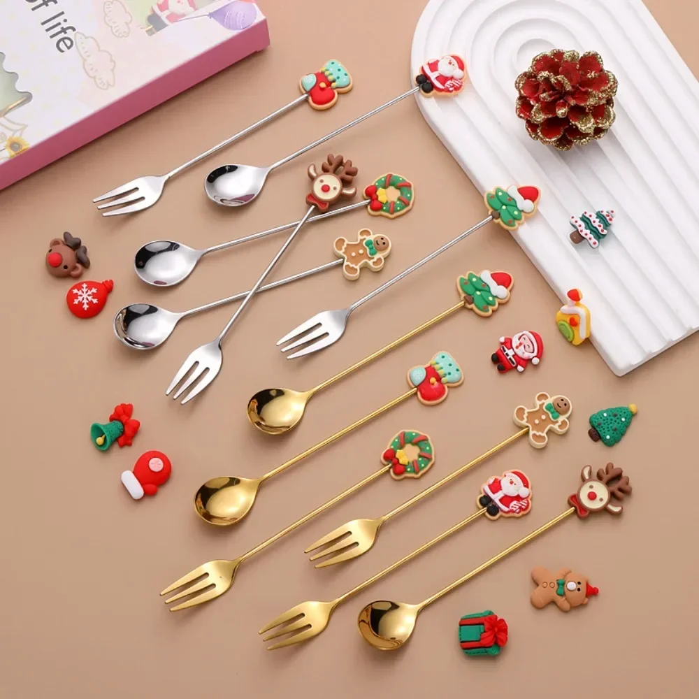 Christmas Spoon Fork Set Stainless Steel Gold and Silver Coffee Spoon Cute Elk Christmas Tree Gingerbread Man Salad Dessert Fork