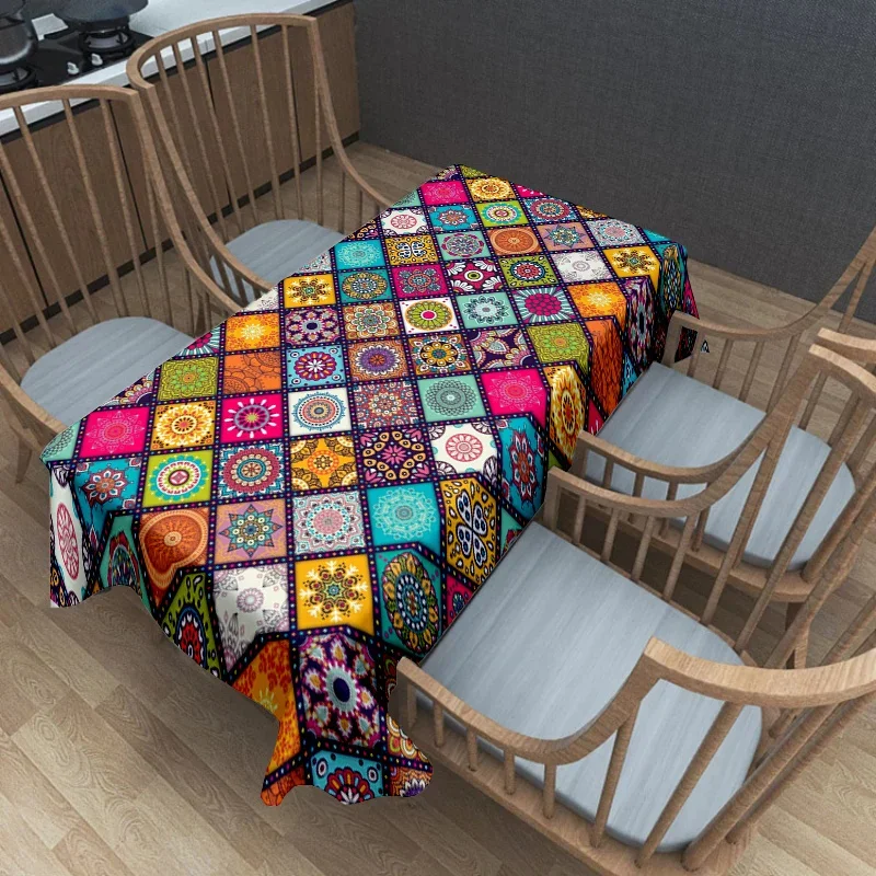 Polyester tablecloth, mandala color-stitched pattern table cover, bohemian style tablecloth