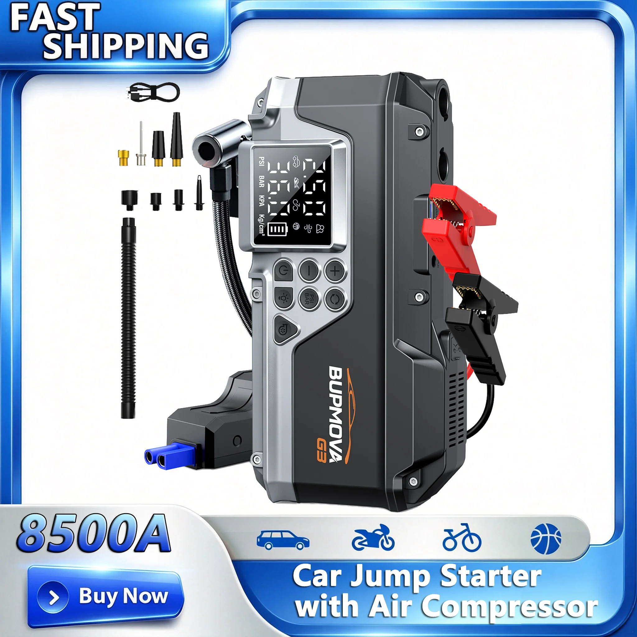 Kit di avviamento d'emergenza per auto 3 in 1 con compressore d'aria 8500A, avviatore di emergenza per auto e compressore d'aria per gonfiare pneumatici 150 PSI, power bank portatile da 26800 mAh per