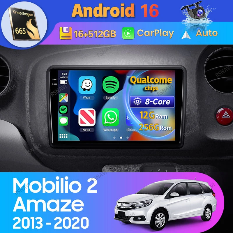 Android 16 Carplay Auto For Honda Mobilio 2 Amaze 2013 2014 2015 - 2020 Car Radio 2K Screen DSP Navigation Stereo Video Player