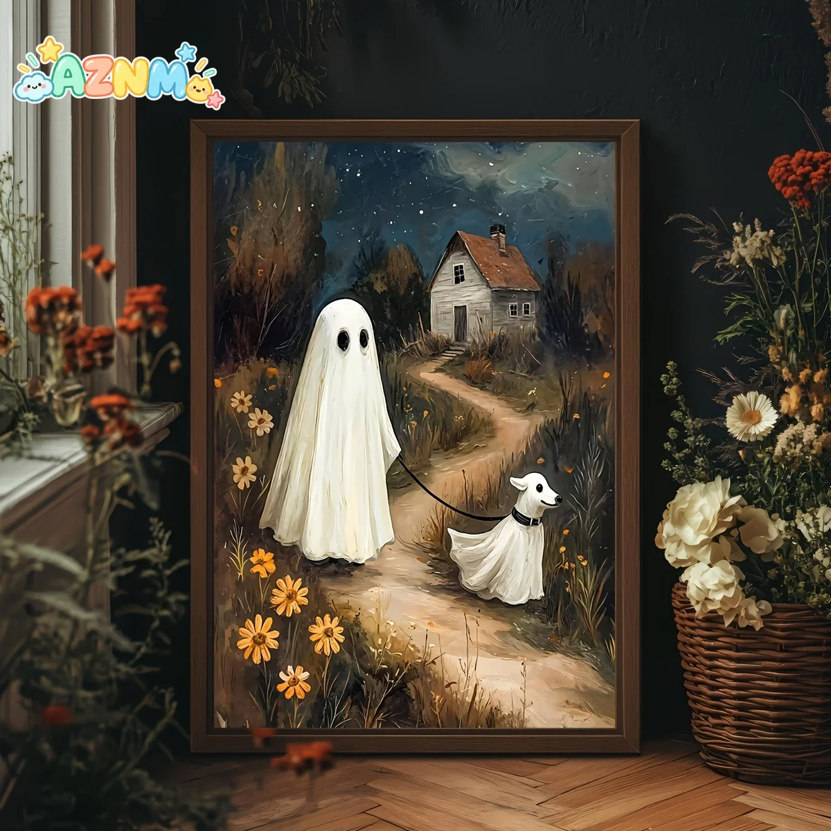 1pc Halloween and Dog Poster - Cute & dog walking to cozy house, Waterproof Canvas Print - Frameless Spooky Decoration for Li