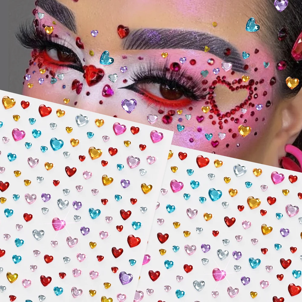 3D Bunte Liebe-Herz Gesicht Edelstein Tattoos Aufkleber Bling Selbstklebende Herz Edelsteine Tattoo für Festival Party Augen Körper Make-Up Dekor – Detail 3