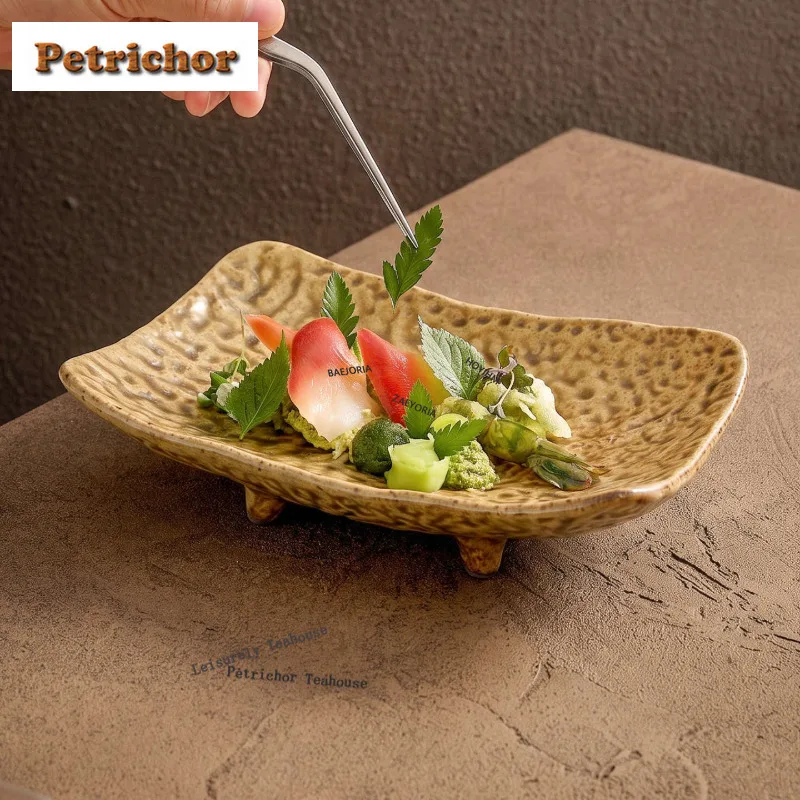HOYIHM Reactive Glaze Rock Four-legged Rectangular Serving Plate Soup Plate Plates For Food Dish Ramen Tray Dinner Serveware