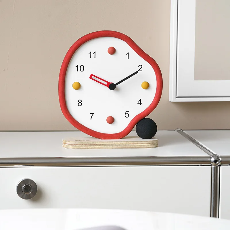 

Modern Irregular Table Clock with Wood Base Colorful Dot Accents Sculptural Frame Fun Artistic Desktop Home Decor