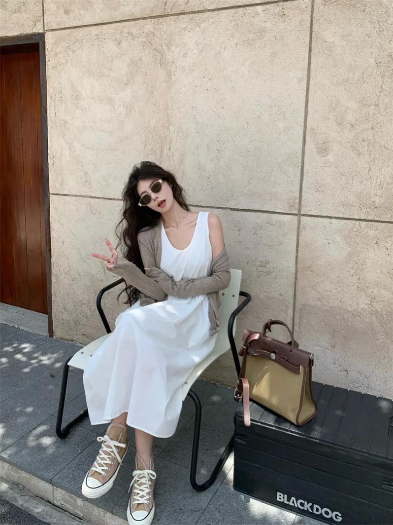 

White Long Sleeve Open Cardigan Coat Women's Summer Inner Match Dress Long Skirt Two-Piece Set Simple Versatile High Waist