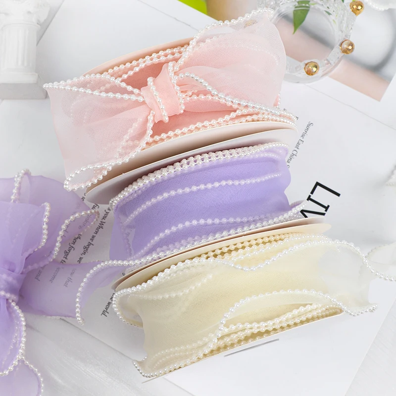 5M Wrapping Ribbon Pearl Fishtail Gauze Silk Ribbons Bouquet Packaging Material Baking Lace Ribbon Wave Chiffon Yarn Gift Strap