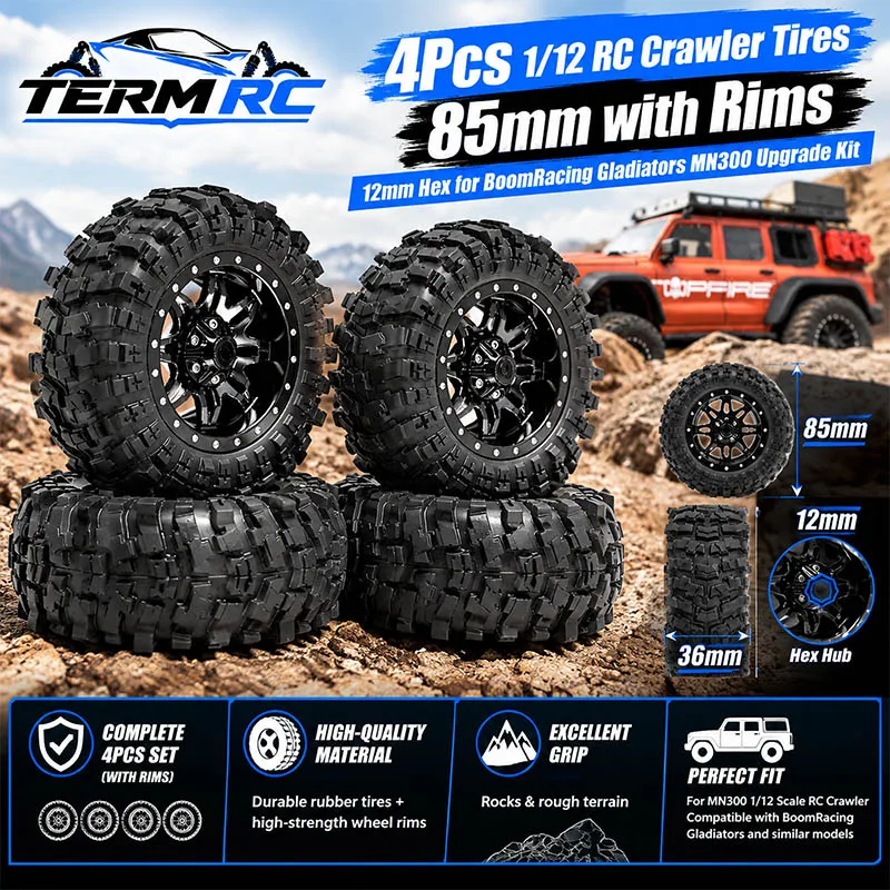 4Pcs 1/12 RC Crawler Tires 85mm with Rims 12mm Hex for BoomRacing Gladiators MN300 Upgrade Kit