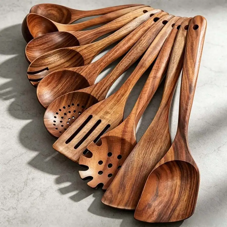 Kolagan 10-Piece Set Of Wooden Cooking Spoons, Long-Handled Wooden Spatula, Wooden Kitchenware Set, Kitchen Pot Spatula Set, Col
