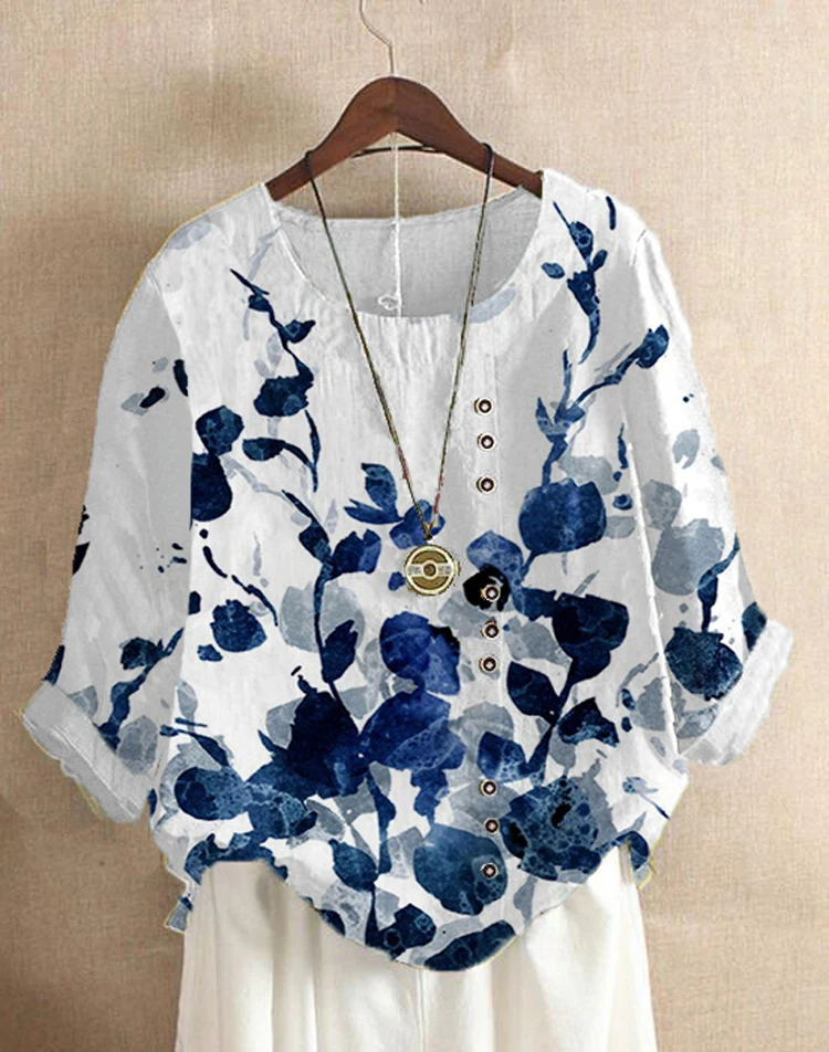 2024 Autumn AliExpress vintage cotton and linen fashion print loose casual shirt long sleeve T-shirt woman