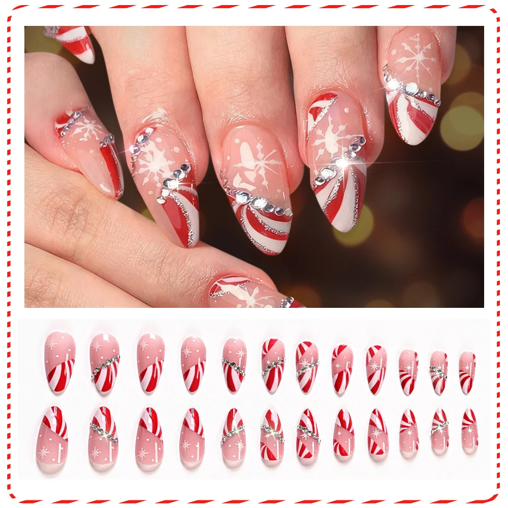 24PCS Christmas False Nails Red White Stripes Snowflake Cane Pattern French Fake Nails Shiny Gem Manicure Wearable Press on Nail