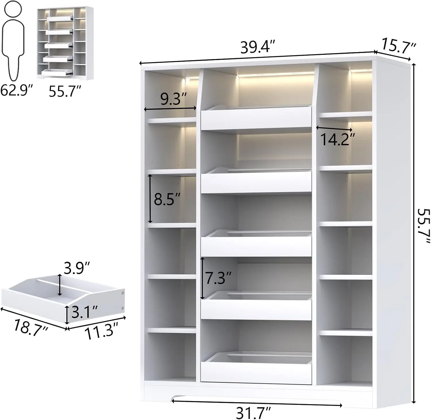 Shoe Storage Cabinet with 5 Drawers & 12 Shelves, Modern LED Shoe Rack & Handbag Storage Cabinet