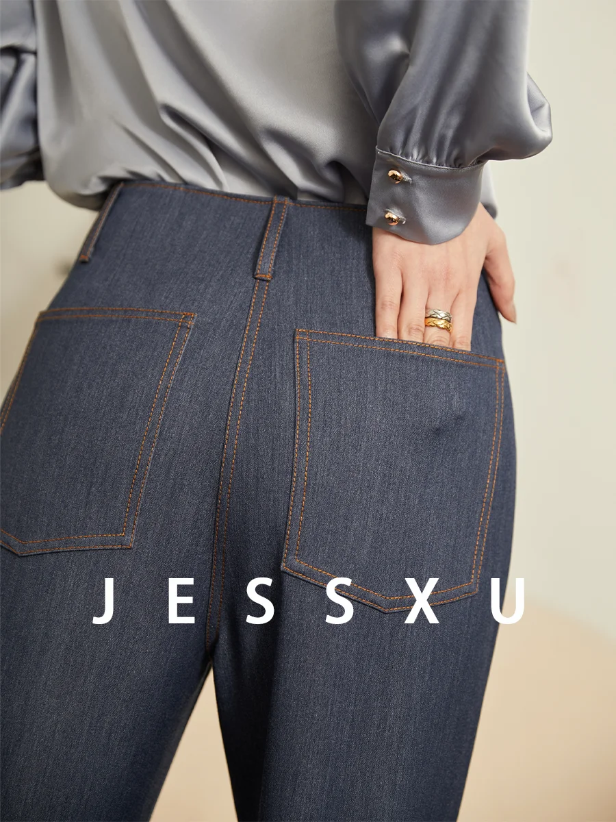 

Airy Long Pants High Waist Straight Leg Polyester Viscose Spandex Casual Jeans Look Smooth Slimming Long Trousers