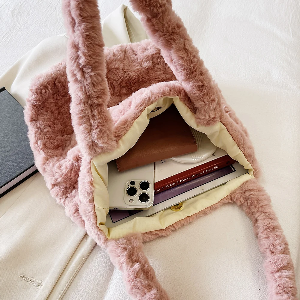 

Women Clutch Handbag Fluffy Autumn Winter Shoulder Tote Soft Plush Solid Portable Travel Purse for Ladies Girl Gift