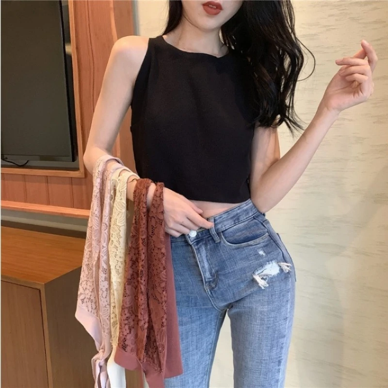Sexy Damen Patchwork Baumwolle Spitze gestrickt Tanktops Sommer ärmellose Streetwear y2k Crop Top Spitze Stickerei aushöhlen Tops