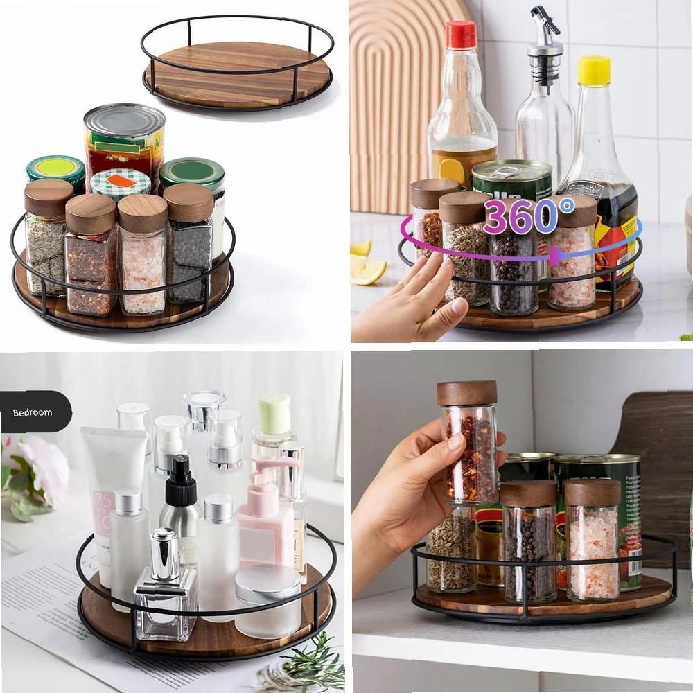 Kitchen 360 Degree Rotating Storage Rack Lazy Susan Turntable Multifunction Rotary Wooden Tray for Seasoning Bottles Cosmetics
