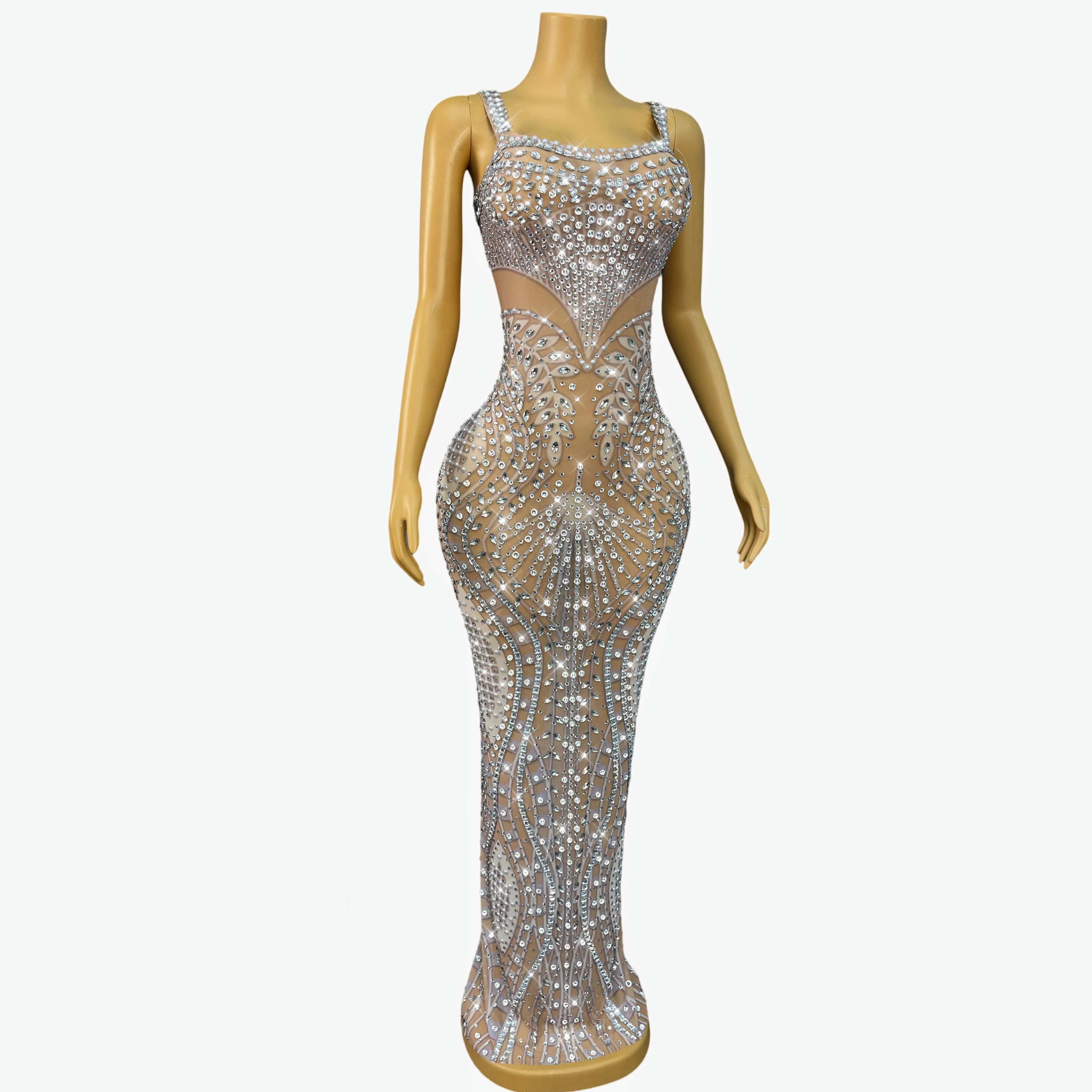 Luxury Fashion Gown Sparkly Rhinestones Sexy Nude Mesh Suspenders Dress Women Evening Party Red carpet Elegant Outfit Bailu