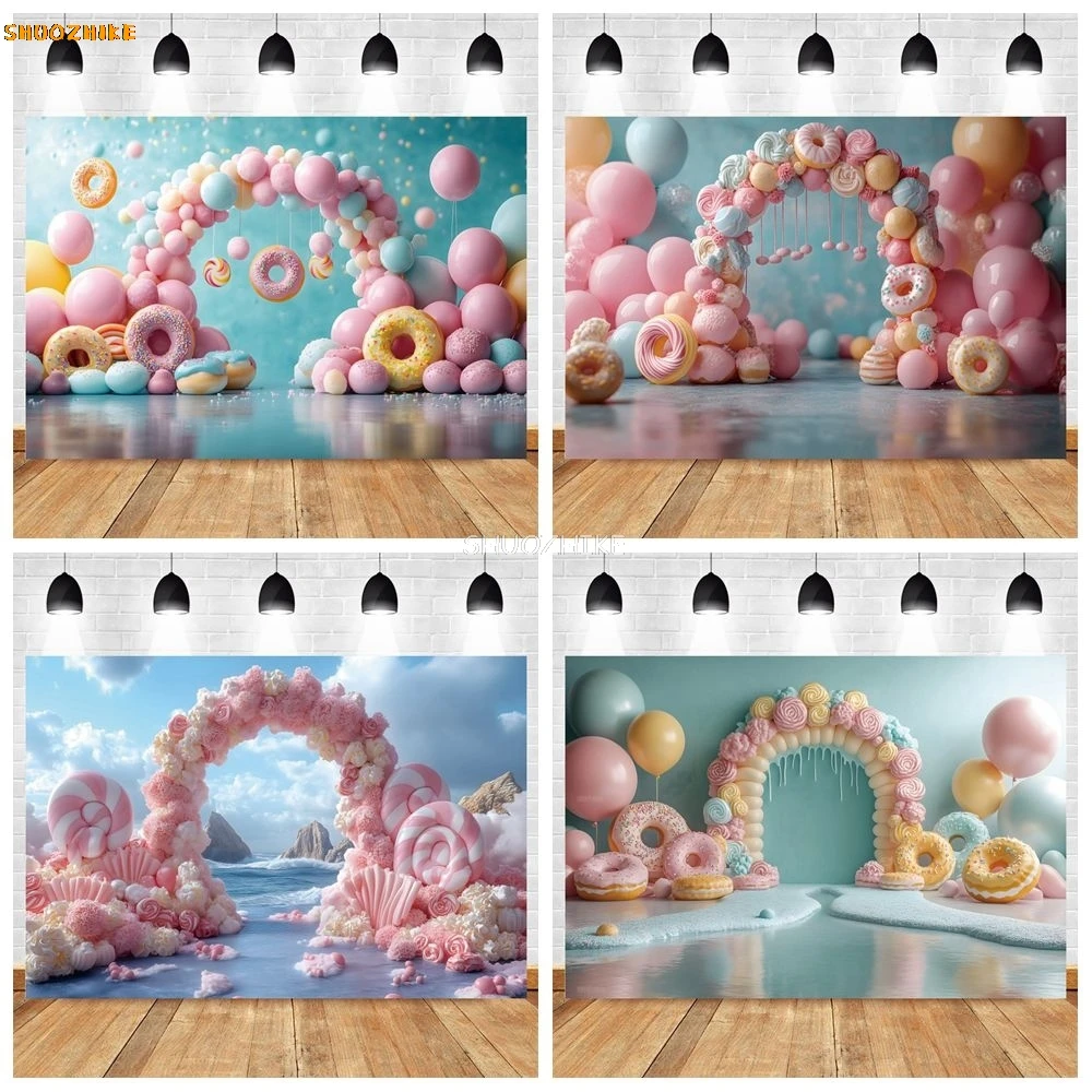 

Sweet Dessert Backdrop Donuts Arch Balloons Pink Baby Shower Girls Birthday Party Photography Background Decor Photo Studio Prop