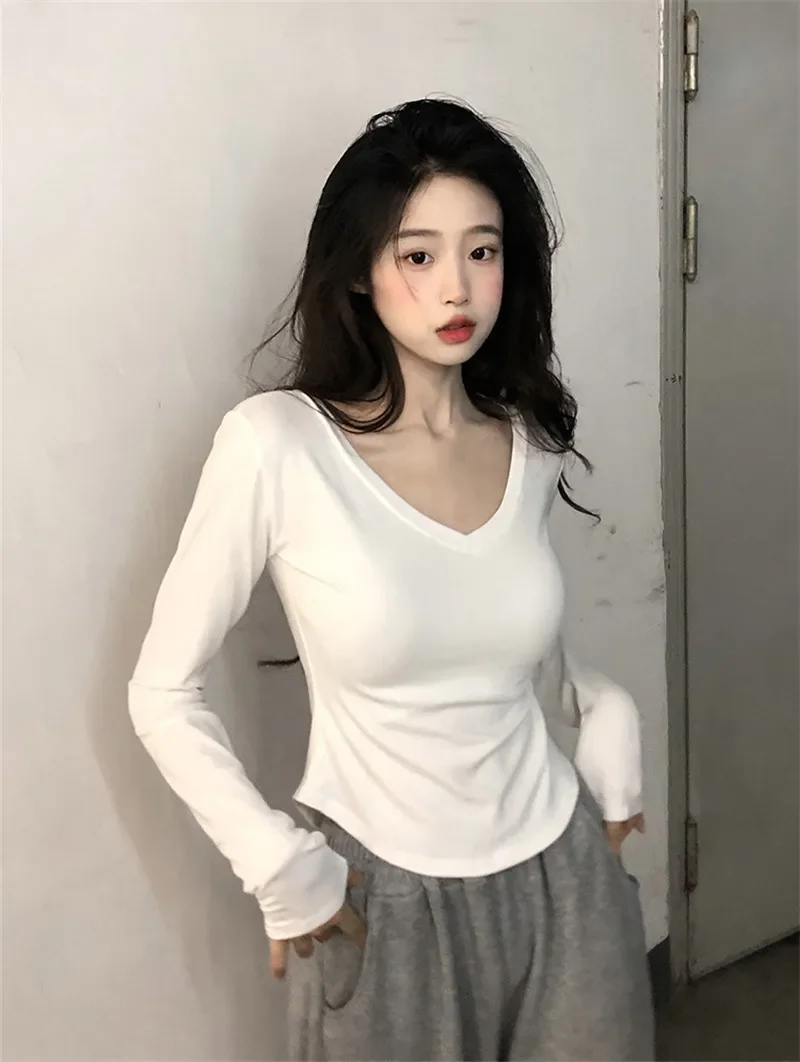 Pure Desire Aesthetic V-neck Slimming T-shirt Women's Autumn 2023 New Style Long Sleeve Top For Students Trendy Women's Clothing